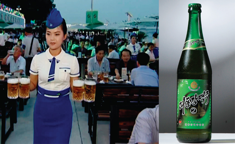 2016년 8월 12일 열린 북한 평양 대동강 맥주 축전에서 행사 보조원이 맥주를 채운 잔을 배달하고 있다(왼쪽). 북한에서 많이 마시는 대표적인 병맥주는 대동강맥주다.