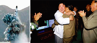 지난 4월 24일 수중 사출 후 점화에 성공한 북한의 잠수함발사탄도미사일(SLBM) ‘북극성’(왼쪽, 노동신문 사진). 8월 24일 ‘북극성’이 발사돼 500km 이상 비행에 성공하자 김정은이 현장 관계자를 껴안고 기뻐하고 있다(조선중앙TV 화면).